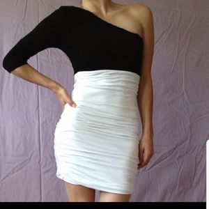 One shouler, black and white rouched mini dress.